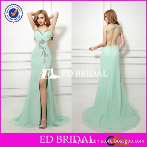 2015 Newest Flowing Chiffon Halter Backless Sexy Evening Dress With Split Leg